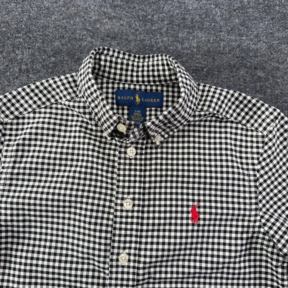 Ralph Lauren Boys Black White Gingham Button Down Shirt Size S 8 Pony Logo